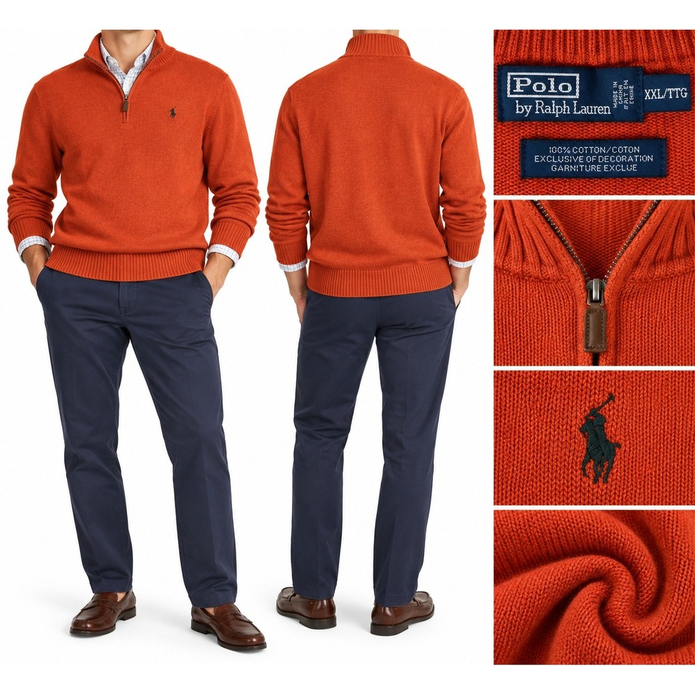 Polo Ralph Lauren Mens Quarter Zip Sweater Cotton Preppy Casual Orange XXL